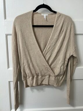 Leith Beige Ribbed Wrap V-Neck Sweater